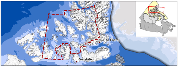 Carte indiquant le zone de l'appel 2012-2013 de l'Archipel artique du Nunavut
