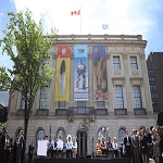 Prime Minister Trudeau with Indigenous leaders outside the former U.S. Embassy in 2017.