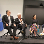 Minister Dan Vandal, Ambassador Bob Rae, Métis Youth Delegate Tracie Léost, First Nations Youth Delegate Jennifer Mierau, and Inuit Youth Delegate Sarah Jancke speaking at the event