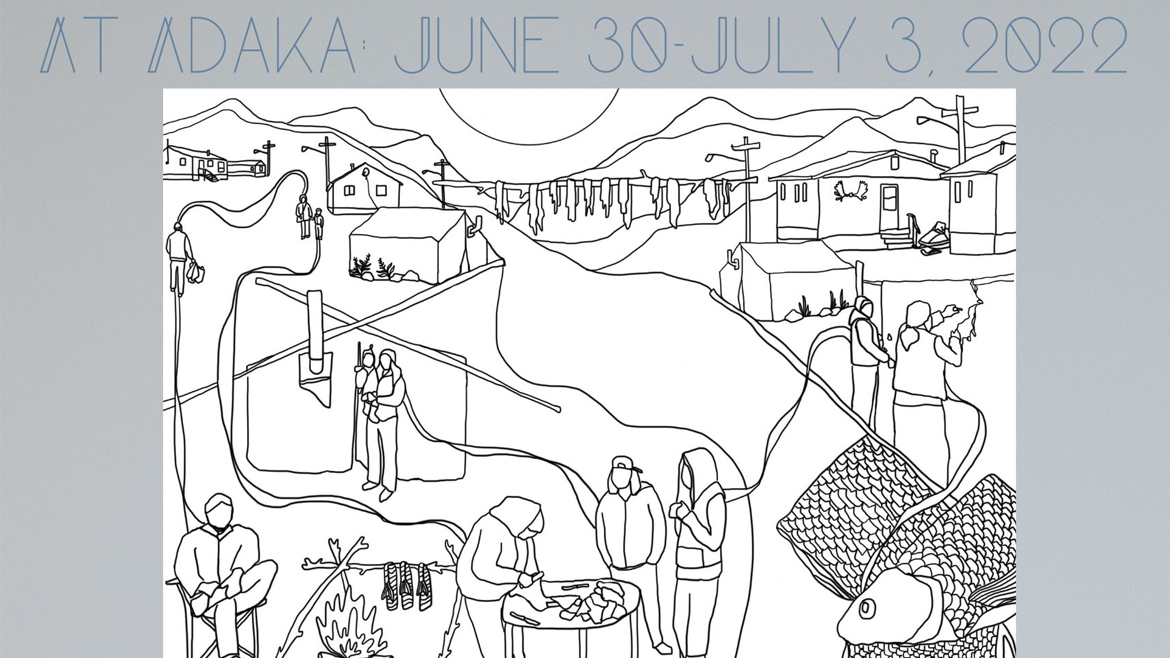 Une affiche montrant l'esquisse conceptuelle en noir et blanc de la murale qui invite les résidents de la communauté à participer à peindre la murale.