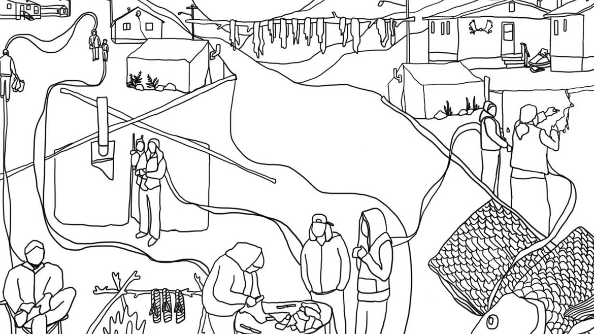 Dessin en noir et blanc représentant des personnes en train de fileter du poisson, d'étirer une peau et de faire sécher de la viande sur une corde tirée.