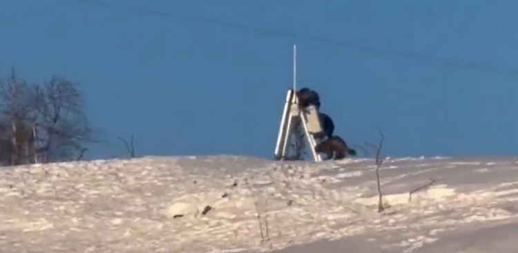 On a snowy ground, three wolverines climb on decommissioned monitoring equipment.