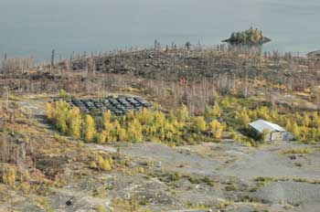 Une photo aérienne montre plusieurs rangées d’échantillons de carottes et un bâtiment de faible hauteur, séparés par des arbres. La forêt brûlée par les feux de forêt de 2014 est visible derrière les structures.