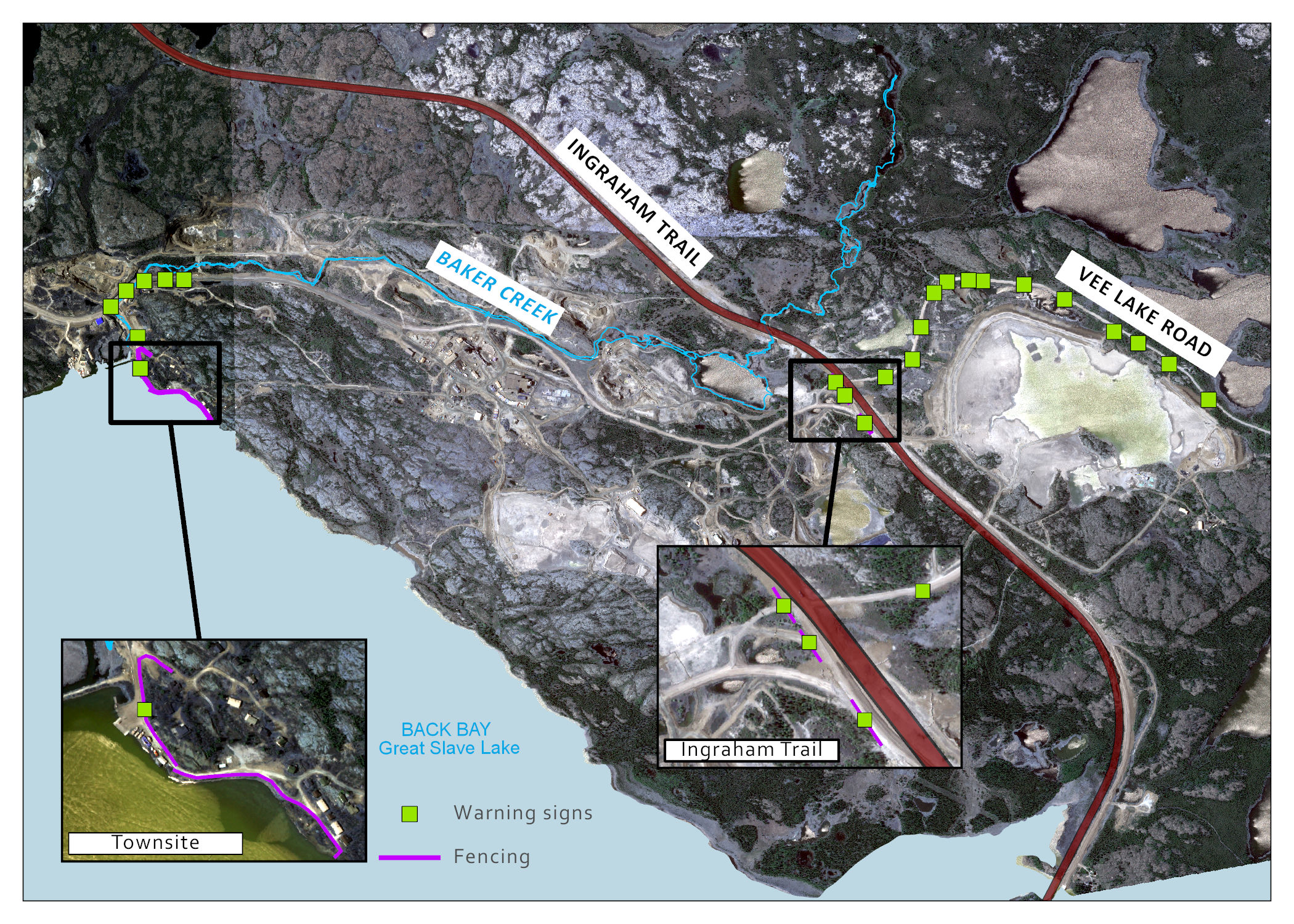 An aerial view of the site, with insets, to show where the new signs and barriers are going up. Purple lines show where new fencing and barriers are going up on the perimeter of the townsite and where the old Ingraham trail intersects with the new Ingraham trail. Green squares show where new signs are being installed along the Vee Lake Road, at the boat launch, and where the old Ingraham trail intersects the new Ingraham trail.