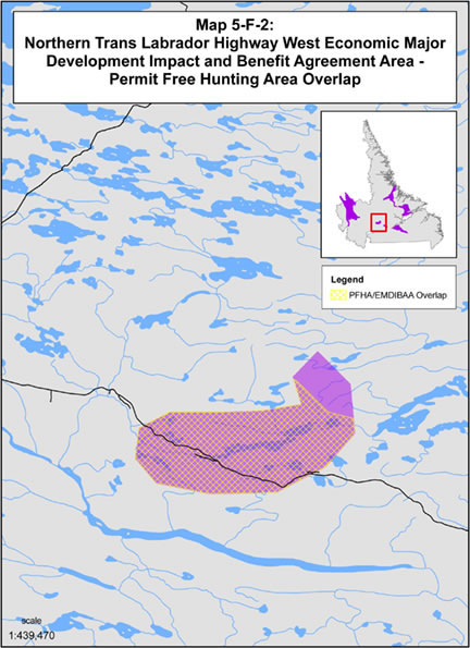 Map 5-F-2 Northern Trans Labrador Highway West Economic Major Development Impacts and Benefits Agreement Area-Permit Free Hunting Area Overlap