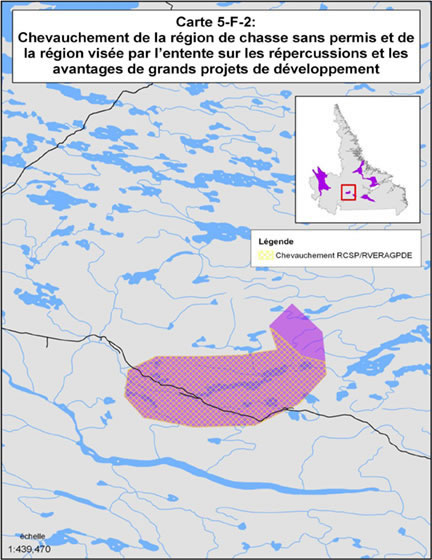 Carte 5-F-2 : Chevauchement de la région de chasse sans permis et de la région visée par l'entente sur les répercussions et les avantages de grands projets de développement économique dans l'ouest de l'autoroute translabradorienne nord