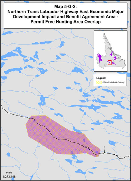Map 5-G-2 Northern Trans Labrador Highway East Economic Major Development Impacts and Benefits Agreement Area-Permit Free Hunting Area Overlap
