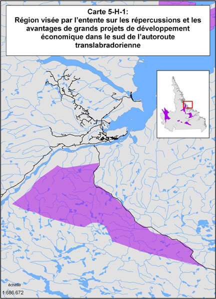 Carte 5-H-1 : Région visée par l'entente sur les répercussions et les avantages de grands projets de développement économique dans le sud de l'autoroute translabradorienne