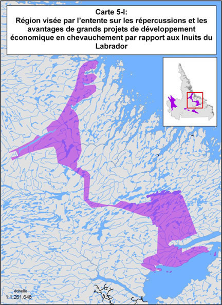 Carte 5-I : Région visée par l'entente sur les répercussions et les avantages de grands projets de développement économique en chevauchement par rapport aux Inuits du Labrador