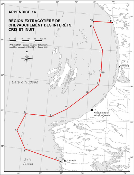 Appendice 1a - Carte de la région extracôtière de chevauchement des intérêts Cris et Inuit